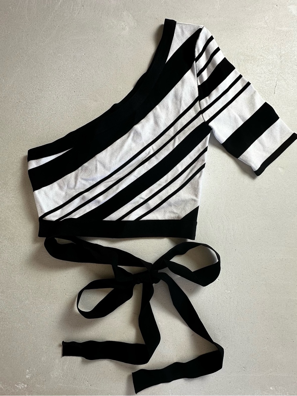 Authentic bebe Black & White One-Shoulder Wrap Crop Top
